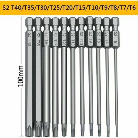 11 pièces 100mm S2 1/4 pouces tournevis Torx embouts hexagonaux de précision perceuse tournevis de sécurité magnétique T6-T40 tournevis Torx à tête longue (1/5)