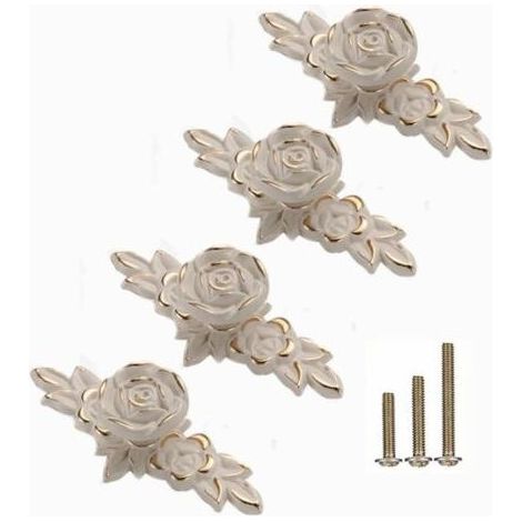 Poignées de meuble blanches de style européen avec garniture dorée - pour coiffeuses, tables de chevet, etc. - Lot de 4, 10,3 x 4,4 cm (1/3)