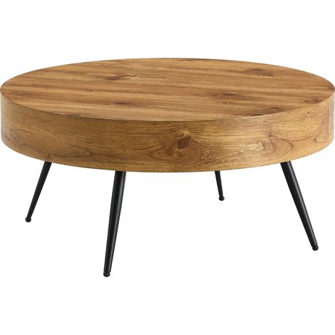 Table basse ronde 70 cm en MDF effet bois avec pieds métal noirs, design minimaliste (1/5)