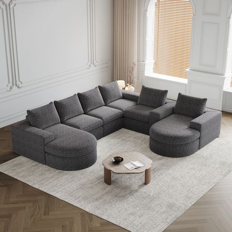 Divano modulare grigio in ciniglia con chaise longue reversibile, 2 pezzi, senza montaggio (1/5)