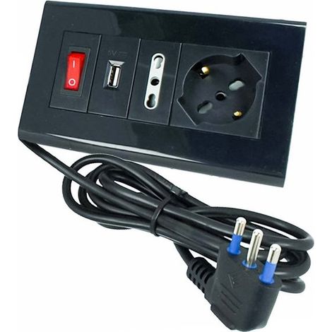 Multipresa Da Tavolo Con USB Nero 1 Presa Schuko 1 Presa Bipasso 10/16A Interruttore Spina 16A Cavo 2 Metri
