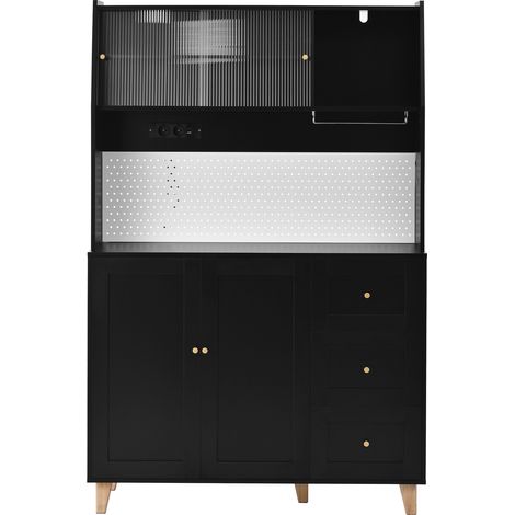 Credenza alta da cucina con 2 ante, 3 cassetti, ripiani regolabili, prese e portabicchieri, in MDF, 120 x 40 x 184 cm, nero (1/5)