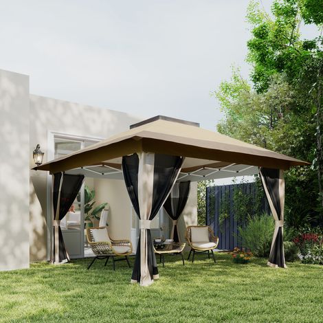 Cenador Plegable 3,6x3,6 m con Laterales de Malla UPF50+ Altura Ajustable Bolsa con Ruedas y Bolsas de Arena Beige