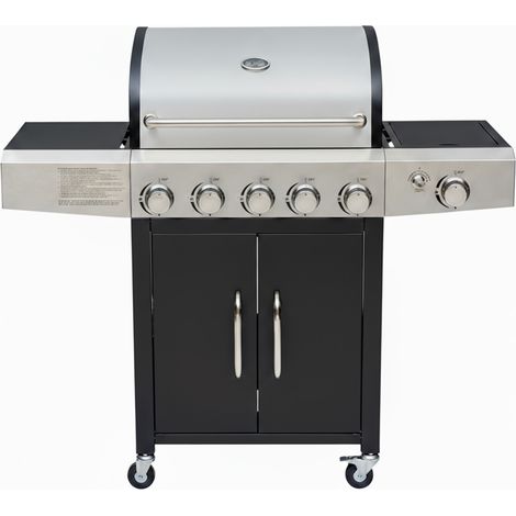 Barbecue a Gas Professionale XXL Da 19 kW con 6 Bruciatori in Acciaio Inox 304 Con Fuoco Laterale Termometro Coperchio Doppio Griglia Di Cottura 70 x 42 Cm Scaldavivande Ruote 140 × 50 × 120 Cm Nero