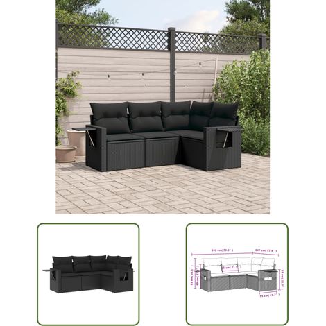 The Living Store Salon de jardin 4 pcs avec coussins noir résine tressée - Ensemble Salon De Jardin - Meuble Extérieur - Résine Tressée - Rotin Synthétique - Mobilier De Jardin (1/3)