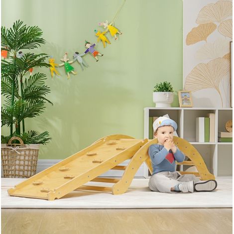 Set de escalada infantil 4 en 1 con rampa reversible, cojín, madera natural OKMYHOME (1/5)