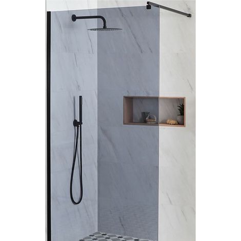 Milano Nero-Luna 1400mm Black Recessed Walk In Frameless Wet Room Shower Enclosure with Smoked Glass Screen and Support Arm - No Shower Drain (1/3)