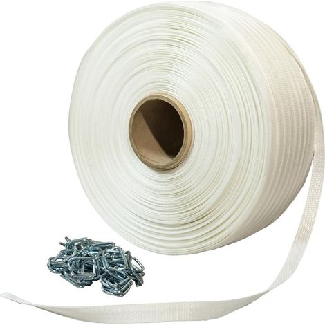 TECPLAST Pack 1 Feuillard de cerclage tressé PFT1 16 mm x 850 m + 250 Boucles - Feuillard textile Haute Résistance 450kg