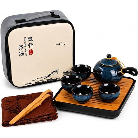 Théière en céramique - Service à thé en porcelaine émaillée avec théière, tasses et plateau à thé, portable avec sac pour voyage et extérieur (1/5)