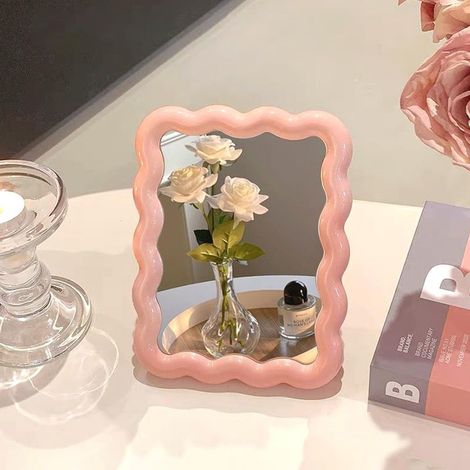Miroir de maquillage ondulé, adapté aux bureaux et tables de travail, portable et pliable (rose). (1/5)