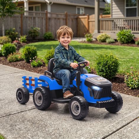 Tracteur électrique enfants avec remorque amovible, voiture électrique enfants, télécommande 2,4G, 139x58x55cm, bleu (1/5)