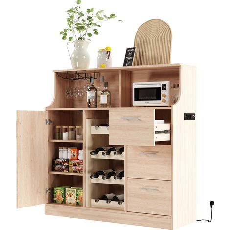 Buffet de rangement avec LED, prises, porte-verres, casier à vin et tiroirs, meuble pour cuisine et salle à manger, bois clair et blanc CHICFURN (1/5)