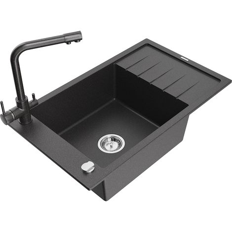 Mexen Elias fregadero de granito de 1 seno con escurridor y grifo de cocina Duero, negro moteado - 6511-76-671600-76 (1/5)