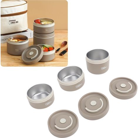 Boîte à lunch portable en acier inoxydable 304 avec couvercle, étanche, marron foncé, lot de 3 + sac isotherme (1/5)