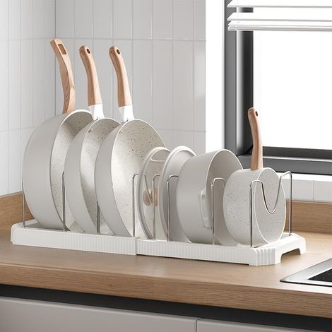 Range-casseroles extensible pour tiroir cuisine, organisateur casserolier 7 compartiments réglables, porte-couvercles et poêles, support de rangement ajustable
