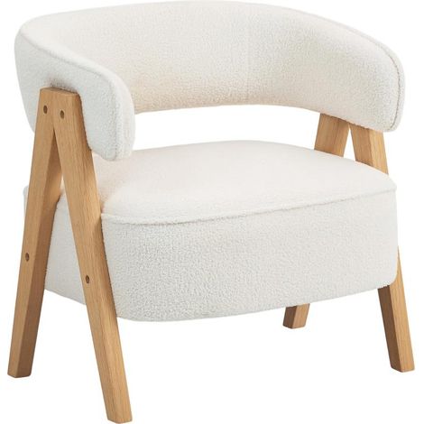 Fauteuil moderne rembourré, revêtement polaire, fauteuil d'appoint, fauteuil avec pieds en bois, structure en métal, blanc
