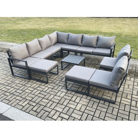 Fimous 11 Seater Patio Outdoor Garden Furniture Aluminium Lounge Corner Sofa Set with Square Coffee Table with 2 Big Footstools Dark Grey (1/5)