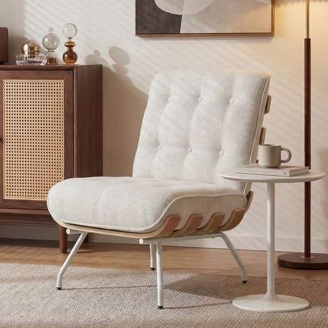 Butaca de Salón Tapizada en Lino con Asiento Acolchado Soporte con Listones Estructura de Acero Crema (1/5)