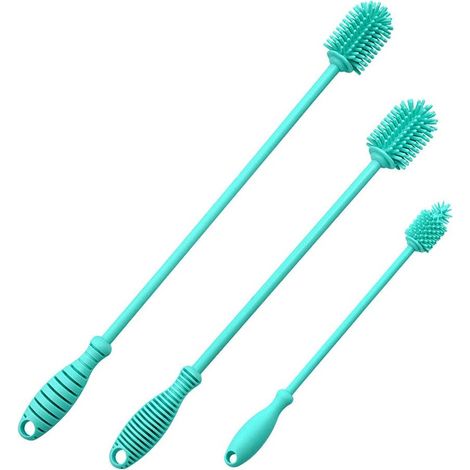 Lot de 3 Brosse de nettoyage, Silicone alimentaire, Poignée longue antidérapante, Pour bouteilles et thermos, Usage domestique (1/5)