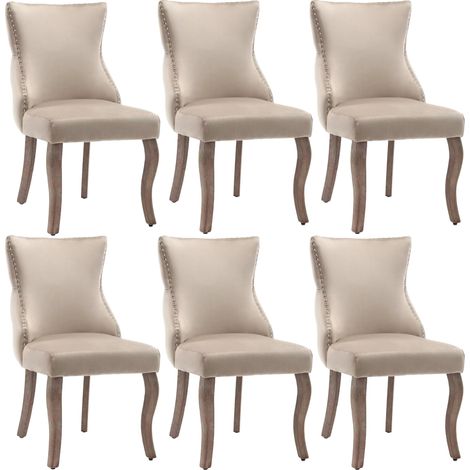 Lot de 6 chaises de salle à manger en velours beige, dossier capitonné à boutons, clous décoratifs, pieds courbés en bois – CHICFURN (1/5)