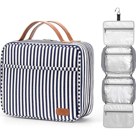 Trousse de toilette suspendue, grande trousse de toilette pour femme avec 4 compartiments et 1 crochet de suspension, bleue (1/5)