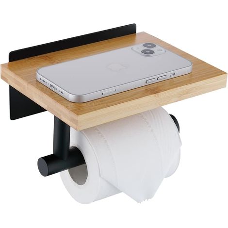 1 Porte-Rouleau Papier Toilette, Étagère Bambou Naturel, Acier Inoxydable Noir Mat, Salle de Bain
