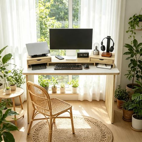 Support de moniteur d’ordinateur réglable 60-116 cm pour bureau, rehausseur avec 2 tiroirs, support stable pour écran, livré seul sans ordinateur inclus (1/5)