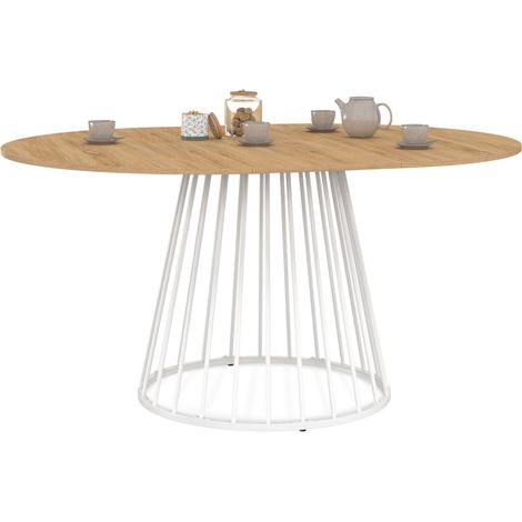 Tavolo da pranzo rotondo allungabile YUNA per 4-8 persone con piano in legno e gamba in filo metallico bianco 110 - 150 cm