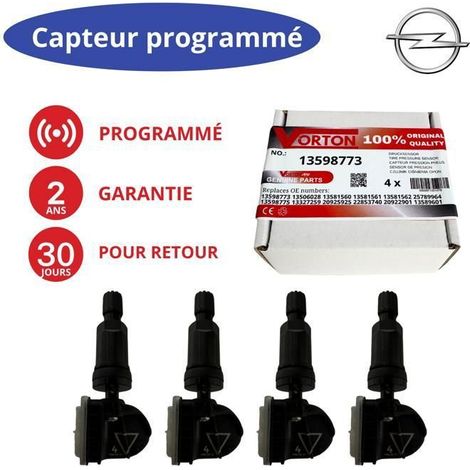 Lot x4 capteurs TPMS préprogrammés 433 MHz (valve) pour OPEL / CHEVROLET - compatible Astra, Corsa, Mokka, Cruze