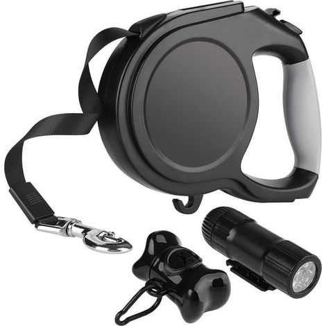 Laisse rétractable pour chien de 8 m avec lumière LED intégrée, idéale pour les promenades nocturnes, la course, le dressage, etc. Convient aux chiens de taille moyenne et grande jusqu'à 50 kg. (1/5)