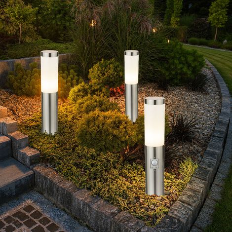 Sockelleuchte E27 Stehlampe Garten Außenleuchte Bewegungsmelder, Edelstahl, 1x Stehleuchte mit Sensor 2x Sockelleuchte, 1x E27 Fassung, DxH 7,6x45cm, 3er Set