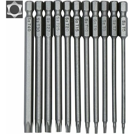 11-teiliges langes Torx-Schraubendreher-Bit-Set – magnetische Bits – 1/4-Zoll-Sechskantschaft – Größen T6 bis T40 – 100 mm Länge