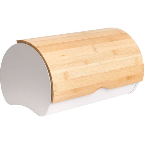 Bread Bin White and Light Brown Iron Bread Box 38 x 24 x 20 cm Decorative with Bamboo Lid Modern Scandinavian Kitchen SAVEUR