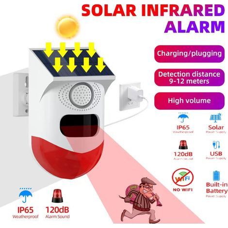 Solar-powered infrared human body induction sound and light alarm with 120dB strobe alarm light, suitable for home, farm, barn, villa, garden (1/5)