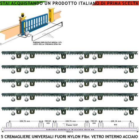Asta Cremagliera M4 Antiusura Universale 5 Pezzi da 1 Metro in Nylon Antirumore Interno Acciaio Portata Garantita 6 Q.li Max 10 Q.li 6 Bulloni X Metro Ricambio Cancello Scorrevole Giunture a Incastro (1/4)