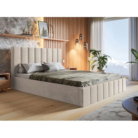 Lit rembourré avec rangement 160x200 velours beige Siena (1/4)