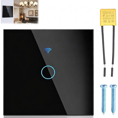 Interrupteur Tactile Intelligent Noir Interrupteur Connecté WiFi Sans Fil avec Tuya/Smart Life APP 1 Gang 1 Voies Capteur Tactile Panneau Verre Cristal avec Alexa Google Assistant (1/5)