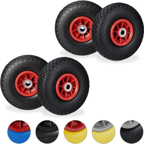 4x Ruote per Carriola, in Gomma Antipanne, 3.00-4, Asse 20mm, max.80 kg, 260 x 85 mm, Nero-Rosso (1/5)