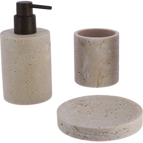 Set aus seifenspenderbecher und seifenschale aus polyresin in travertinoptik - natürlich - Tendance (1/2)