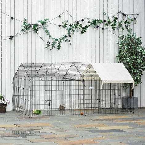 PawHut Clôture pour petits animaux cage pour animaux domestiques cadre en métal galvanisé 4 piquets de sol inclus 220 x 103 x 103 cm noir et beige