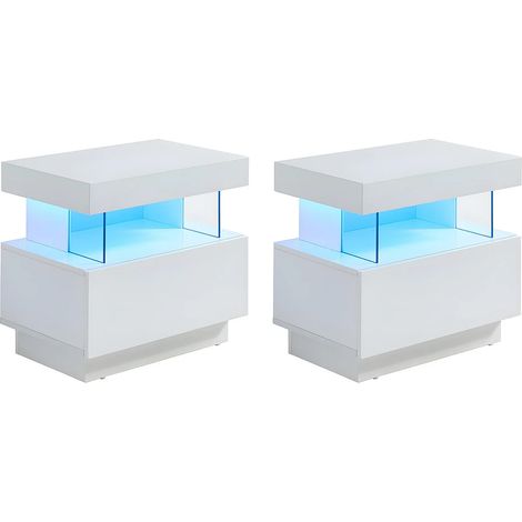 Comodino 1 cassetto e 1 nicchia Con LED MDF Bianco laccato - Lotto di 2 - FABIO II (1/5)