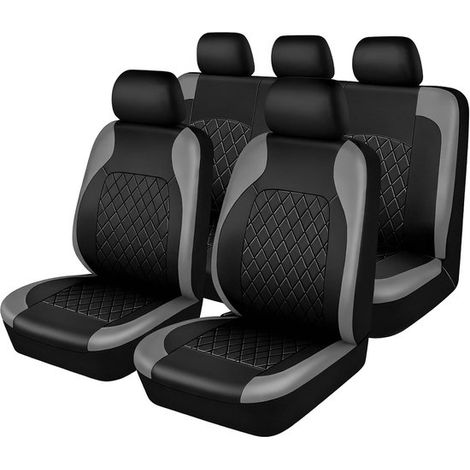 Set completo di 9 coprisedili in pelle per auto, impermeabili, per sedili anteriori, protezione per sedili posteriori con airbag laterali, coprisedile anteriore e copri poggiatesta (grigio) (1/5)