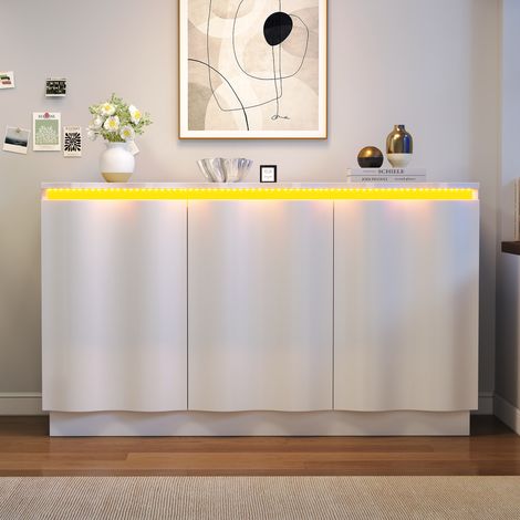 120x39.5x69.5cm,SideboardWeiß,BuffetschrankAufbewahrungsschrankmitBluetoothLEDRGBLicht,AppSteuerung,WellenförmigeFront,3Türen,verstellbareEinlegeböden,fürWohnzimmerEsszimmerFlur (1/5)