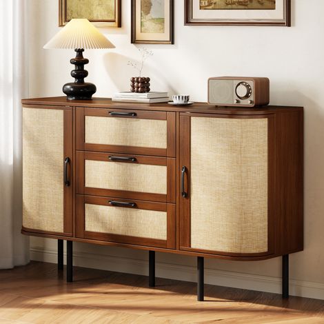 Buffet bas meuble de rangement 120x40x82 cm pour salon et salle à manger en mdf style rétro vintage avec 2 portes tressées et 3 tiroirs - Noyer (1/5)