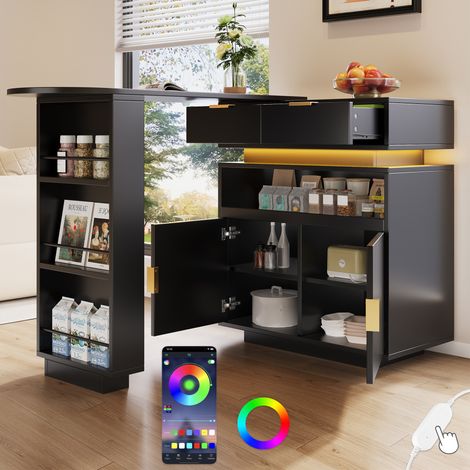 Isola cucina allungabile nera in MDF 115-183 x 40 x 99,5 cm con LED (1/5)