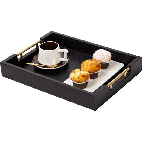 Dekoratives Fußtablett für den Couchtisch, moderner und eleganter Stil, aus Holz, rechteckig, glänzende Haifischhaut-Optik, mit goldfarbenem Metallgriff – ideal für Getränke zu jeder Zeit (1/5)