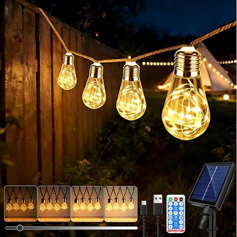 8M Guirlande Lumineuse Exterieure Solaire Avec télécommande, Avec 16 Ampoules, Blanc Chaud, 8 Modes/Étanche/Dimmable/Minuterie, Guirlande Guinguette pour Jardin Terrasse Mariage Pergola Balcon (1/5)