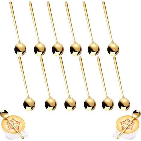 12 Gold-Plated Teaspoons, Small Gold-Plated Stainless Steel Teaspoons, Classic Cutlery Spoons, Polished Small Dessert Spoons, 13 cm (1/5)