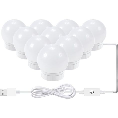 Kit D'Eclairage Miroir Led Pour Coiffeuse, Avec 10 Ampoules Reglables, 10 Luminosite Et 3 Modes D'Eclairage, Type Usb, Blanc - Blanc (1/5)