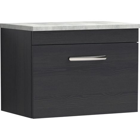 Nuie Athena Wall Hung 1-Drawer Vanity Unit with Grey Worktop 600mm Wide - Charcoal Black Woodgrain (1/5)